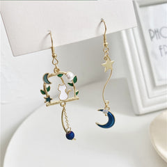 Chinese Style Folding Fan Crane Carp Lotus Asymmetrical Long Tassel Dangle National Style Earrings for Women Jewelry Gift