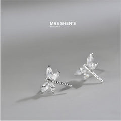 New Fashion Temperament Dragonfly Silver Plated Jewelry Personality Not Allergic Exquisite Crystal Stud Earrings  E067