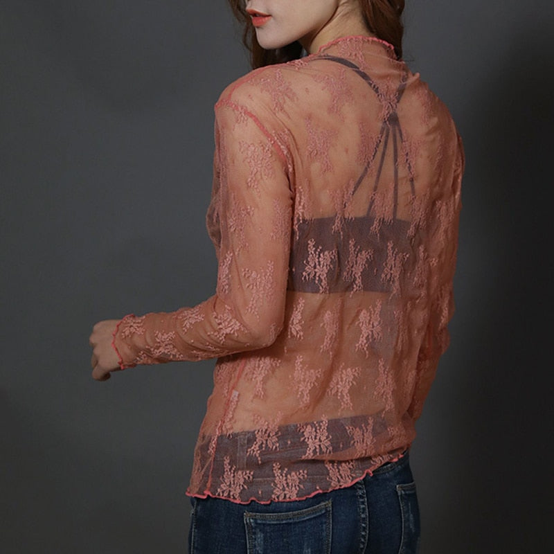 Mesh Sheer T-Shirts Long Sleeve Blouses  Transparent Tops
