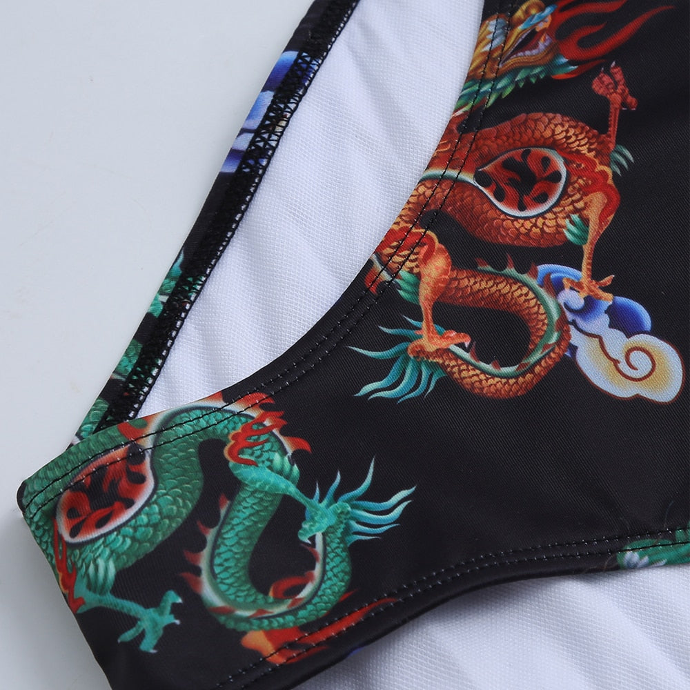 Dragon Print Strapped Push Up Cross Tied bikini