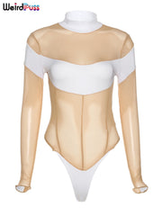 Weird Puss 2021 Sexy Mesh Patchwork Bodysuits Women Long Sleeve Skinny Stretchy Club Fashion Bodycon See Through Summer Wild Top