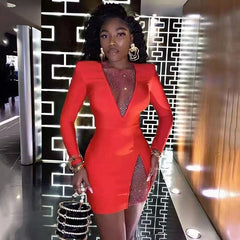Beading Long Sleeve Rayon Bandage Sexy Hollow Out Mini Runway Dress