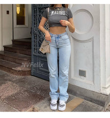 Straight Leg Jeans For Loose High Waist Trousers Casual Blue Wash Cotton Denim Baggy  Jeans