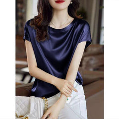 Silk Thin Short Sleeve Tees Elegant Black Brown Tops Solid Loose Casual
