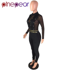 PinePear Sexy Mesh Jumpsuit Women 2022 Winter Long Sleeve Lace Up See Through Nightclub Bandage Bodycon Romper Drop Shipping