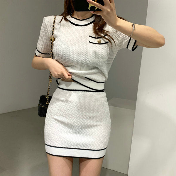 Buttons O-Neck Short-Sleeve Knitting Shirt+Mini Skirt 3-Piece Set Women&#39;s Sweater Cardigan Summer Fall 2021 New Korea Sweet Suit