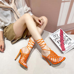Fashion Handmade Design Weave Hollow Gladiador Sandals Women Summer Orange Square Toe Cross-Tied Stiletto Heels Ladies Shoes