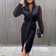 Lace Slim Midi Dress Women V-veck Long Sleeve Black Split Dress