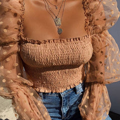 Mesh Sheer Blouse Chiffon See-through Long Sleeve Top Shirt Blouse