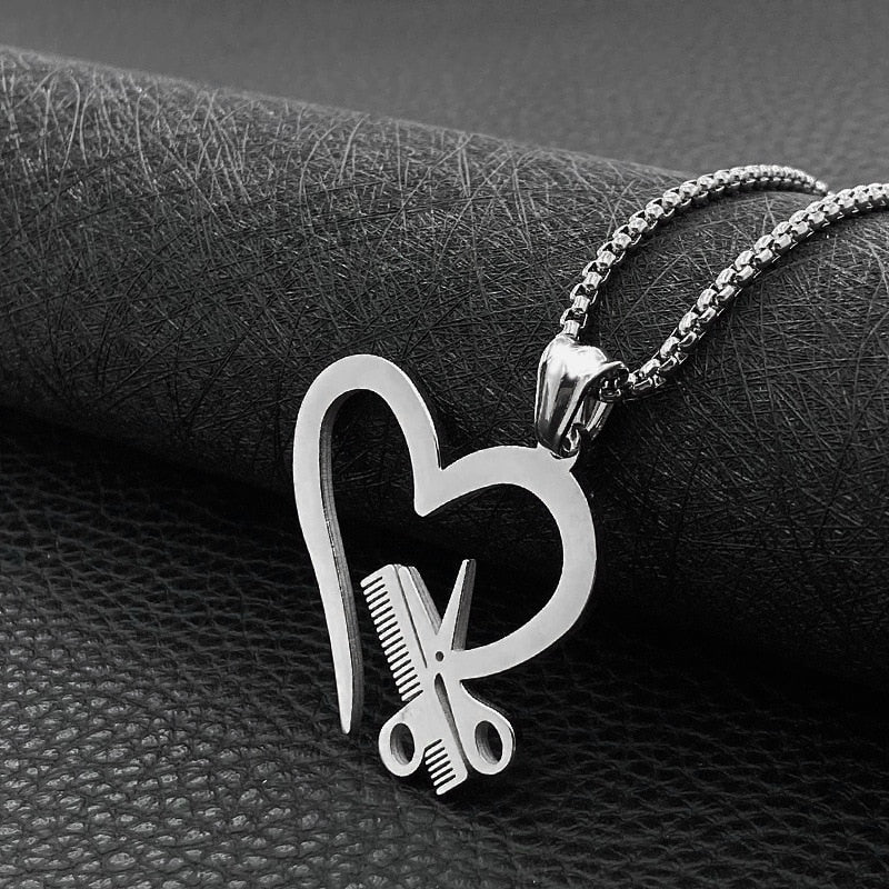 Stainless Steel Heart Scissors Haircut Barber Men's Necklace Pendant Chain
