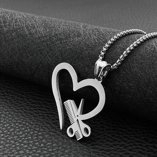 Stainless Steel Heart Scissors Haircut Barber Men's Necklace Pendant Chain