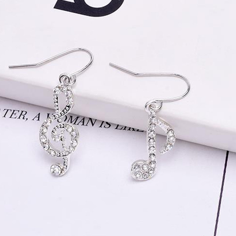 Fashion Romantic Elegent Drop Earrings Rhinestone Asymmetriy Musical Note Silver Color Jewelry For Women Girl Party Wedding