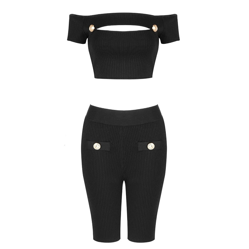 PB Chic White Two Pieces Suit Sexy Key Hole Design Button Embellised Celebrity Party Club Bandage Crop Tops Shorts Set