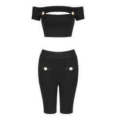 PB Chic White Two Pieces Suit Sexy Key Hole Design Button Embellised Celebrity Party Club Bandage Crop Tops Shorts Set