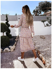 2021 Summer Women Vintage Dress High Waist Ruffle Lady Casual Dress Sexy V-Neck Elegant Floral Printed Puff Sleeve Female Dress