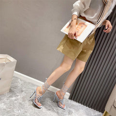Fashion Handmade Design Weave Hollow Gladiador Sandals Women Summer Orange Square Toe Cross-Tied Stiletto Heels Ladies Shoes