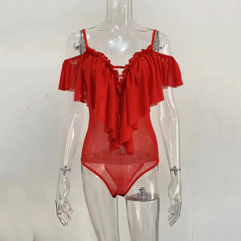 Yimunancy Mesh Bodysuit Women Perspective 2020 Spring Off Shoulder Skinny Bodysuit Ladies Ruffle Sexy Bodysuit Summer Overalls