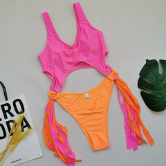 Splicing High Cut Out One Piece Tassel Swimwear