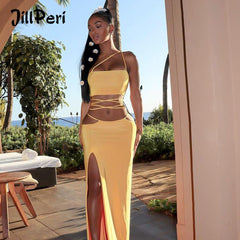 JillPeri Strapless Crop Top and Long Dress Two Piece Set Yellow Women Summer Outfits Slit Party Club Vacation Beach Maxi Dress