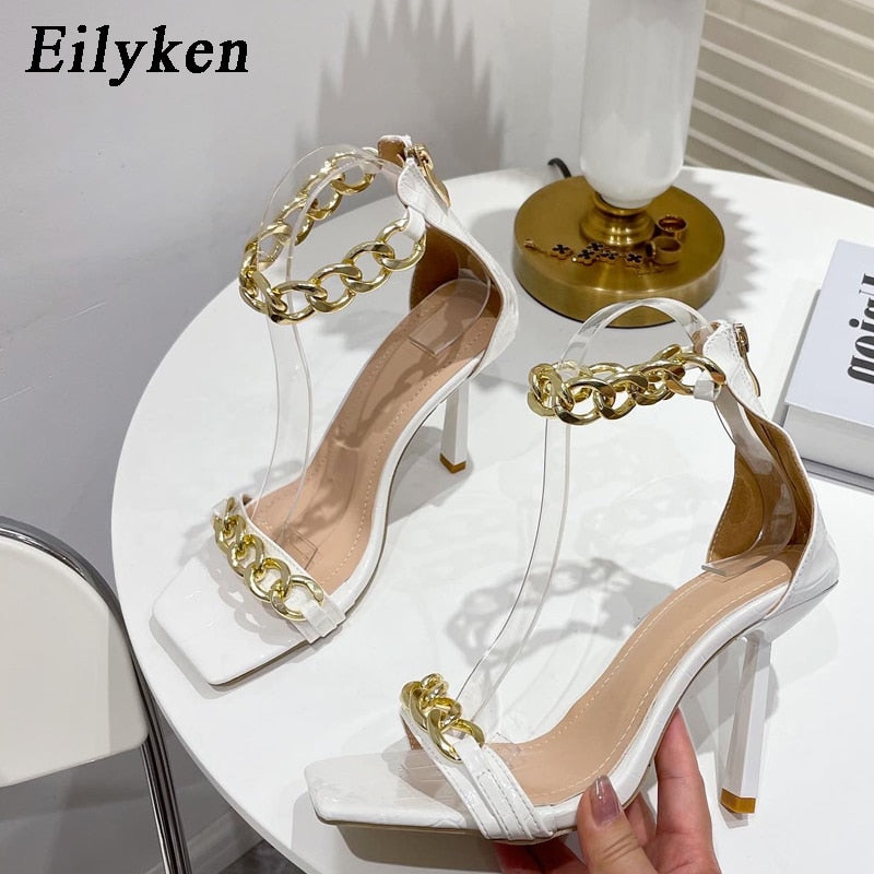 Eilyken New Women Sandals Summer Square Toe Thin High Heels Female Fashion Chain Designer Strap Party Dress Shoes Size 41 Green
