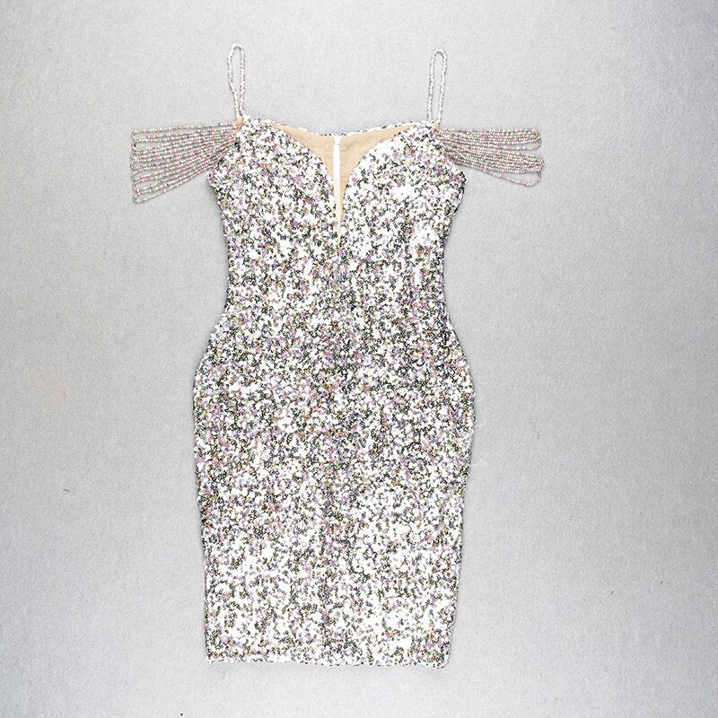 DEIVE TEGER New Style 2021 Summer Women&#39;s Sexy V Neck Strap Bodycon Beading Sequined Midi Dress Nightclub Party Women Clothing