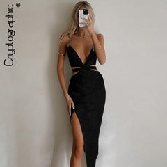 Cryptographic Sexy Backless Cutout Midi Dress Club Party Outfits for Women Sleeveless Elegant Straps V Neck Dresses Vestidos