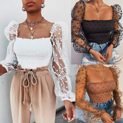 Mesh Sheer Blouse Chiffon See-through Long Sleeve Top Shirt Blouse