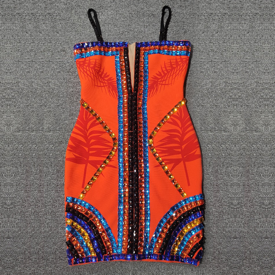 Ailigou 2022 New Women&#39;s High Quality Orange Slip Hand-Beaded Shiny Rayon Bandage Dress Elegant Club Party Dress VestidosAiligou