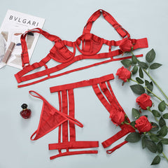 Ellolace Hollow Out Sensual Suspenders Lingerie Set Woman Hot Exotic Costumes Underwire Bra Thongs Porn Sexy Outfits 3-Piece