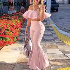 Women Two Piece Outfits Off Shoulder Ruffle Crop Tops and Flare Pants 2 Piece Set Summer Club Party Festival Set