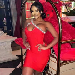 One Shoulder Sparkly Beading Rayon Bandage Elegant Dress
