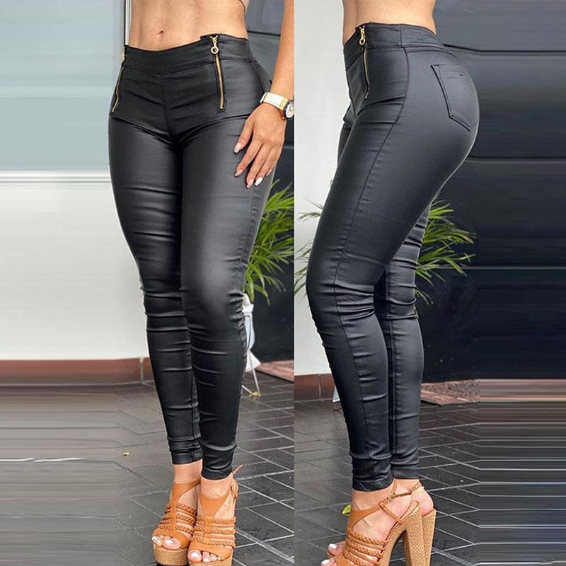 Casual Women Slim Fit Black Trousers Fashion Leggins PU Leather Zipper Pocket Design Skinny Pants