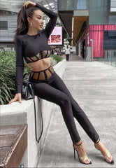 Two-piece Set Black Sexy Long Sleeve Mesh Tight Bandage Set