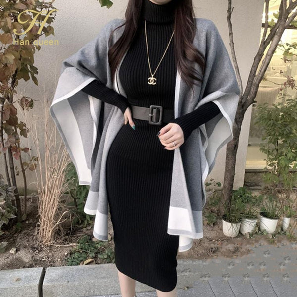 Knitted Bodycon Dress Bottoming Women Soft Elastic Turtleneck Sweater Autumn Winter Midi Party Dresses With Belt