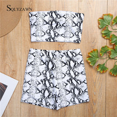 Snake Skin Two Piece Set Women Summer Strapless Backless Crop Top Elastic Waist Shorts Tracksuit Fashion Beachwear 2 Pcs Outfits