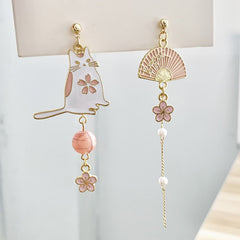 Chinese Style Folding Fan Crane Carp Lotus Asymmetrical Long Tassel Dangle National Style Earrings for Women Jewelry Gift
