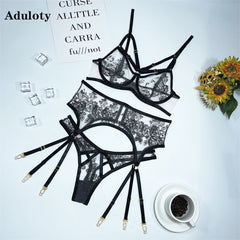 Aduloty Women&#39;s Erotic Underwear Thin Section See-Through Mesh Embroidery Sexy Lingerie Underwire Bra Garter Belt Thong Suit