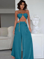 Cryptographic Fashion Chain Halter Crop Top and Flare Pants Set Club 2 Piece Sets Womens Outfits Cropped Tops Matching Sets New