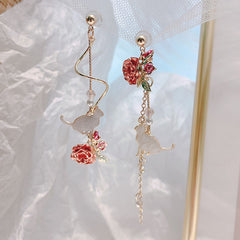 Chinese Style Folding Fan Crane Carp Lotus Asymmetrical Long Tassel Dangle National Style Earrings for Women Jewelry Gift