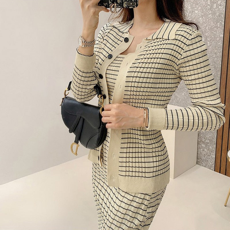 Knitting 3 Pieces Set Women Knitted Sling + Cardigan And Pencil Skirts