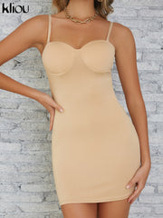 Kliou Solid Spahgetti Strap Mini Dress Women Sexy Camisole Body-Shaping Cleavage Hip Skirt Midnight Style Female Party Clubwear