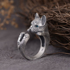 Cute Blue Eyes Bulldog Ring Animal Pet Cat Dog Silver Color Rings Women Men Fashion Simplicity Jewelry Gift Resizable