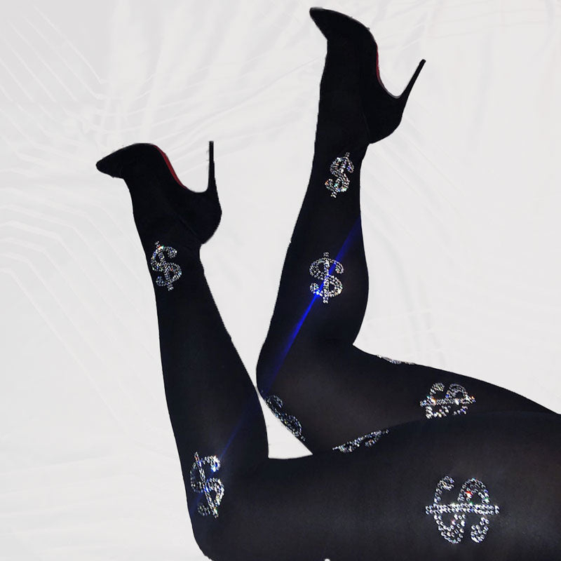 Dollar Stockings Sexy Woman Geometric Pattern Rhinestone Tights Rivet Winter Solid Shiny Letters Pantyhose Women&#39;s Plus Size