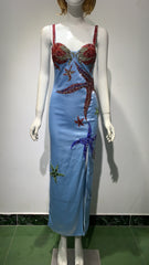 High Quality Blue Beaded Sequins Star Slim Sexy Spaghetti Strap Ruffle Celebrity Night Club Party Designer Dress Vestidos