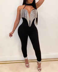 Women Tassels Jumpsuit Romper Spring Autumn Sleeveless V Neck Pants Jumpsuit Clubwear Trousers Outfit Clothes For Female