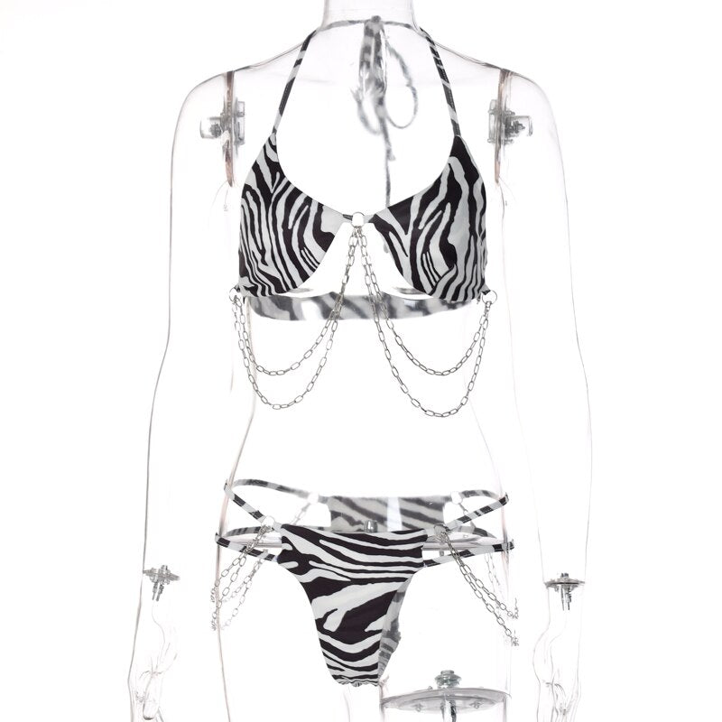 Dulzura Zebra Print Women 2 Pieces Bikini Chain Halter Bra Thong Suits Clubwear Beach Swimming Suit Sexy 2021 Autumn Winter
