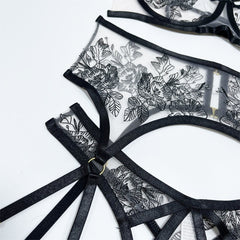 Aduloty Women&#39;s Erotic Underwear Thin Section See-Through Mesh Embroidery Sexy Lingerie Underwire Bra Garter Belt Thong Suit