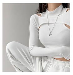 Hollow Knitted Crop Tops Women Fake Two-piece T-shirt Long Sleeve Tops