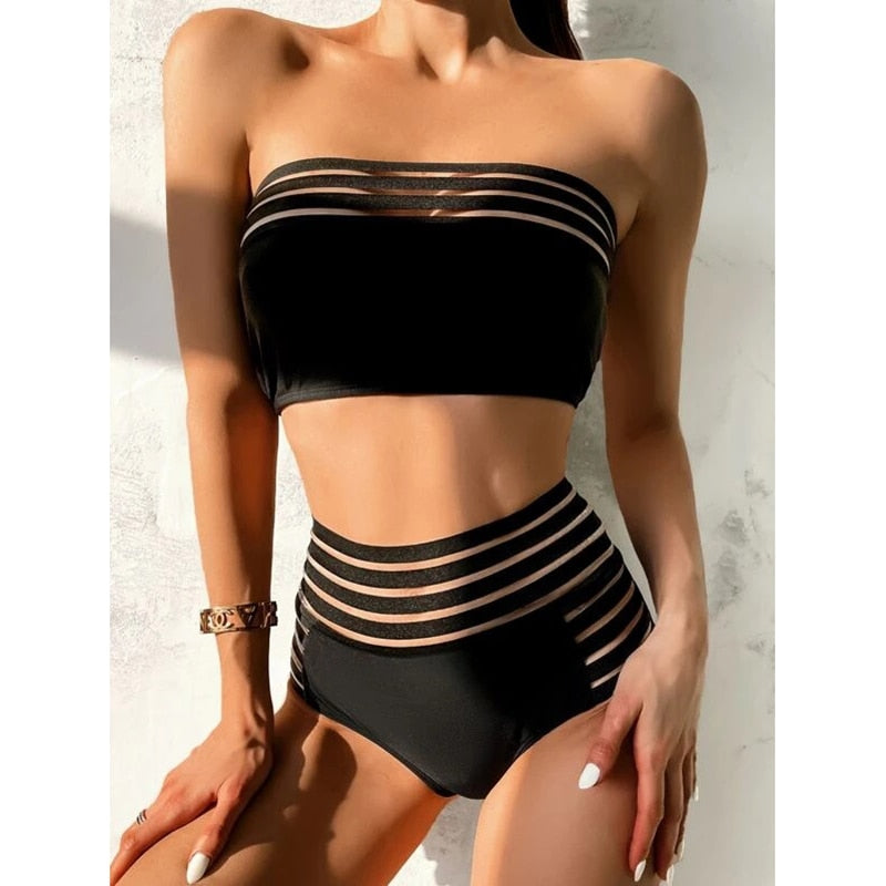 Tengweng Black Mesh Bikini 2022 Bandeau Sexy High Waist Swimwear Female 2 Pieces Set Swimsuit Bathing Suit Women Bathers Beach