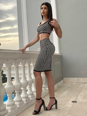 PB Trendy Geometric Jacquard Two Pieces Suit Square Collar Celebrity Party Club Bandage Crop Tops Skirt Set  Free Shipping